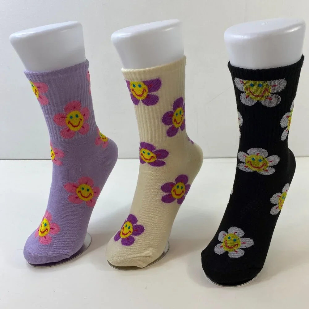 3-Pack Smile Flower Socks Fun Colorful Crew Socks